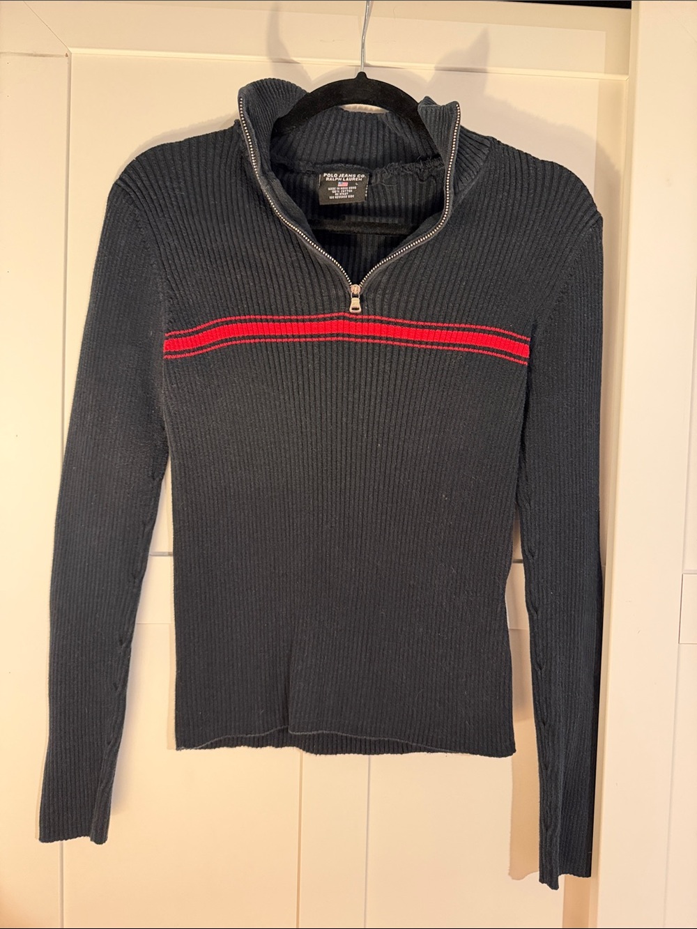 Ralph Lauren Black Ribbed Half-Zip Sweater with Red Stripe